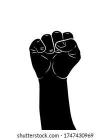 Black silhouette of a male rising fist on a white background with white lines defining fingers and thumb. Symbol of freedom, fight, revolution, unity, strength and struggle. Simple illustration EPS