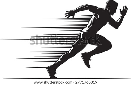 A black silhouette of a male runner in mid-stride, depicted with sharp, dynamic lines conveying speed and motion against a white background.
