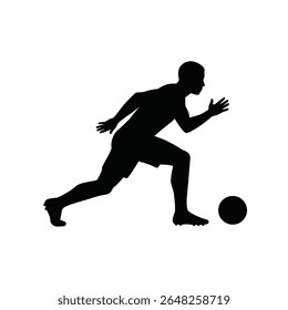 Silhueta preta de um jogador de futebol masculino em uma posição pronta ao lado de uma bola contra um fundo branco. Gráfico vetorial simples.