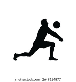 Black silhouette of a male volleyball player in a deep lunge making a save against a white background. The style is simple and graphic.
