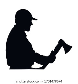 black silhouette of a man with an axe  isolated on a white background