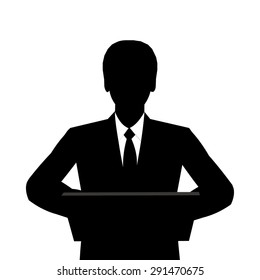 Black Silhouette Of A Man Behind The Podium On A White Background. Vector Illustration