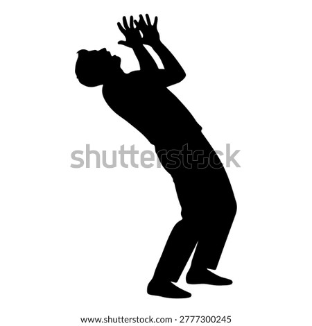 A black silhouette of a man bending backward with his arms raised, conveying a sense of shock or avoidance.
