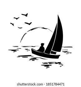 black silhouette of a man in a boat with a sail at sunset