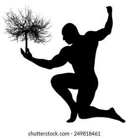 Black silhouette man - bodybuilder with a tree on his hand - holding a tree - new life - symbol of life - power of life - save trees - vector