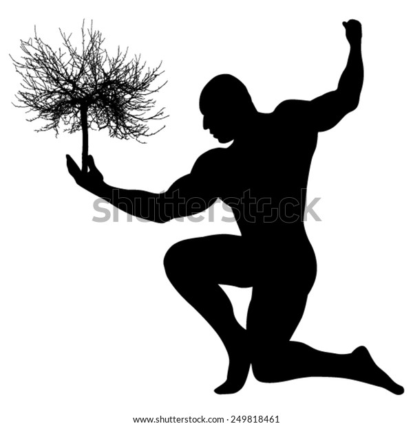 Black Silhouette Man Bodybuilder With A Tree On His Hand