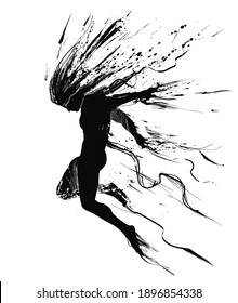 The Black Silhouette Of A Man Breaking Free In A Leap, From The Blots And Threads That Entangled Him. 2d Illustration.