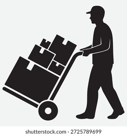 Black silhouette of a man in a cap pushing a hand truck loaded with boxes person