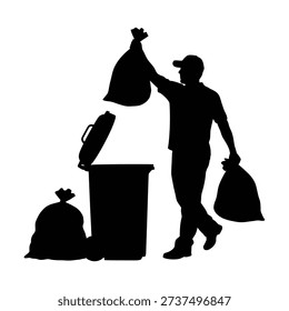 A black silhouette of a man in a cap throwing a trash bag into a garbage can with another bag in his hand and one on the ground beside the can