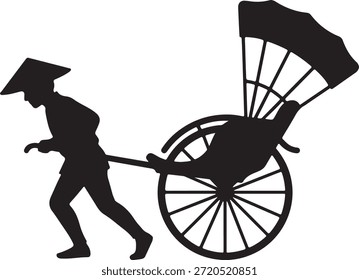 Una silueta negra de un hombre con un sombrero cónico tirando de un rickshaw clásico, con una Grande sombrilla, sobre un fondo blanco.