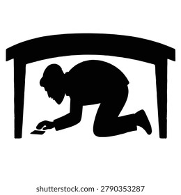 Black silhouette of a man crouching under a table to find a lost object.