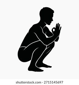 Schwarze Silhouette eines Mannes in einer tiefen Hocke mit Händen in Gebetsgeste weißer Hintergrund
