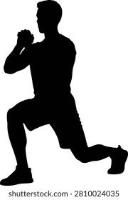 Black silhouette of a man doing a lunge exercise, isolated on a white background, representing fitness, workout, and healthy lifestyle.
