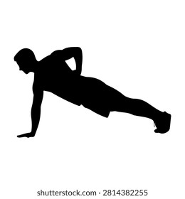 Black silhouette of a man doing a push-up, emphasizing fitness, strength, and exercise posture on a plain background.