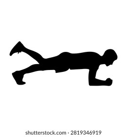 Black silhouette of a man doing a push-up, emphasizing strength and fitness, isolated on a white background.