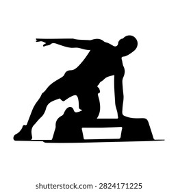 Black silhouette of a man doing a push-up on a mat, demonstrating strength, fitness, and exercise in a dynamic pose.