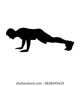 A black silhouette of a man doing a push-up, emphasizing strength and fitness, with a plain white background for clear focus on the exercise posture.