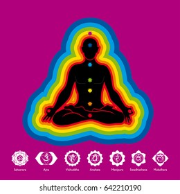 Black silhouette of man doing yoga in lotus flower position with aura of 7 colors on violet background with chakras icons - Vector image