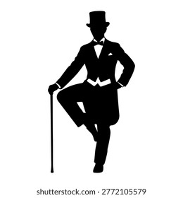 A black silhouette of a man dressed in formal attire, including a top hat, tuxedo, and bow tie, posing with a cane.