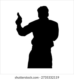 A black silhouette of a man in a dynamic action pose, holding a handgun pointed upward. The person is wearing a jacket and trousers, set against a solid white background. The image conveys themes of mystery, crime, security, or a secret agent in a minimalist, high-contrast vector-style aesthetic