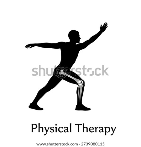 A black silhouette of a man in a dynamic pose, emphasizing a physical therapy movement. The knee joint is highlighted with an anatomical illustration of bones.