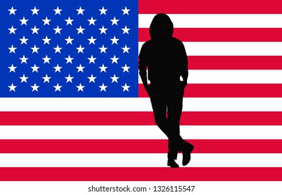 Black silhouette of a man in a full-length hood on the background of the us flag. Vector illustration