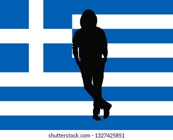 Black silhouette of a man in a full-length hood on the background of the flag of Greece. Vector illustration