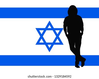 Black silhouette of a man in a full-length hood on the background of the flag of Israel. Vector illustration