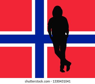 Black silhouette of a man in a full-length hood on the background of the flag of Norway. Vector illustration