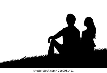 Black silhouette of a man and a girl on the grass. Young couple. Loving people. Vector romantic illustration isolated on a white background