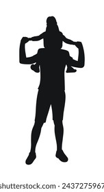 Black silhouette of a man with a girl on his shoulders, father and daughter, brother and sister, isolated vector on a white background
