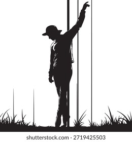 Una silueta negra de un hombre en un sombrero de pie en la hierba con un brazo en alto, transmitiendo una sensación de libertad y alegría en un entorno al aire libre tranquilo.
