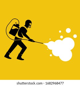 Black silhouette man in hazmat. Protective suit, gas mask and gas cylinder for disinfection coronavirus. Toxic and chemicals protection. Spraying pesticides. Biological precaution. Vector flat design.