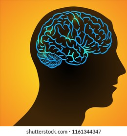 Black silhouette of man head with brain