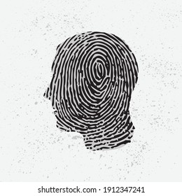 Black silhouette of man head with fingerprint pattern and outline silhouette grunge background