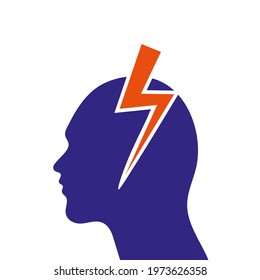 Black silhouette of man head with lightning, psychology and psychiatry sign. Depression, mental health weather concept. Vector flat illustration.