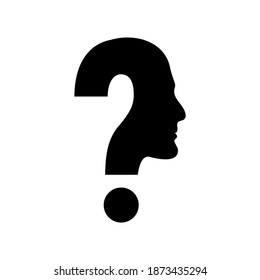 Black silhouette of man head with question mark. Vector flat illustration.