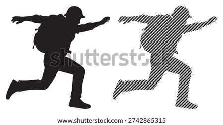 Black silhouette of man in helmet and backpack running forward during outdoor expedition