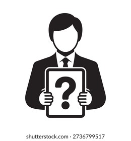 Black silhouette of a man holding a tablet with a question mark