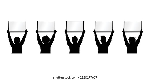 black silhouette of a man holding a white sign. Vector illustration.