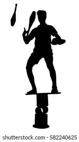 Black silhouette of a man juggles on a white background. Circuses standing on objects and juggles pins in the air.