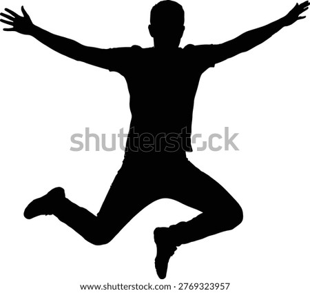 Black silhouette of man jumping with joy isolated on white background, happy male person leaping, success and freedom icons