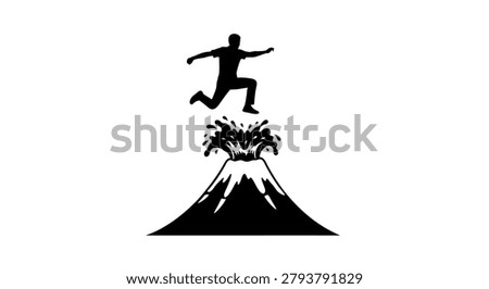 Black silhouette of man jumping over volcano