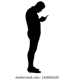 Black silhouette man keeps phone on a white background.