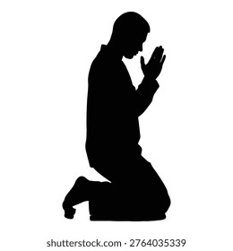 A black silhouette of a man kneeling on one knee with his hands raised in a prayerful gesture against a pure white background
