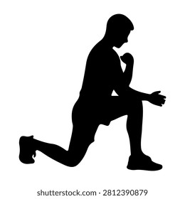 Black silhouette of a man kneeling with one hand on his chest and the other extended forward, symbolizing prayer, reflection, or contemplation.