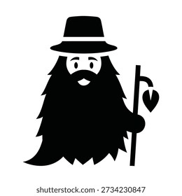 Black silhouette of a man with a large beard hat and cane white