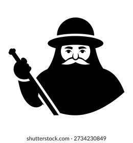Black silhouette of a man with a large beard hat and cane mustache