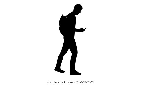 Black Silhouette man looking at smartphone on hand isolated on white background