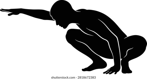 A black silhouette of a man in a low crouching position, representing athletic readiness and dynamic movement.